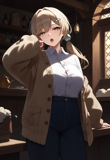 star rail,qingque,cardigan,oversized,wide-leg pants  - AI generated anime art