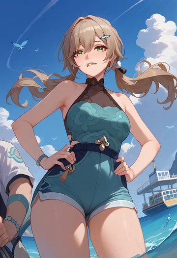 star rail,qingque,sleeveless swim top,shorts-style bottom,contrast stitching  - AI generated anime art