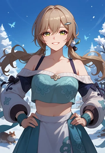 star rail,qingque,off-shoulder top,dolphin shorts  - AI generated anime art