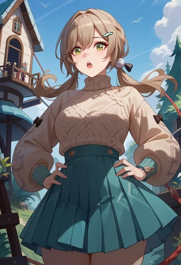 star rail,qingque,sweater,cropped,pleated midi skirt  - AI generated anime art