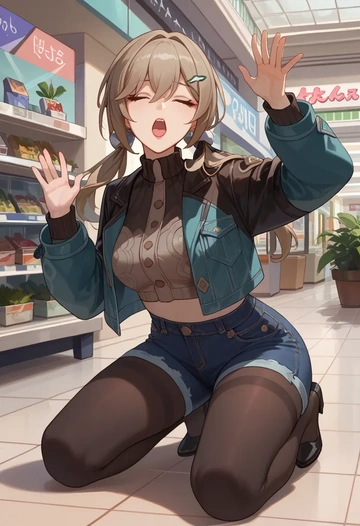 star rail,qingque,denim jacket,cropped,leather leggings  - AI generated anime art