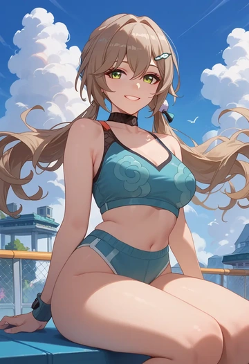 star rail,qingque,sports crop,high-waisted shorts  - AI generated anime art