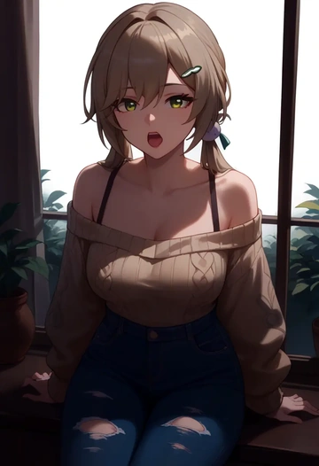 star rail,qingque,sweater,off-shoulder,ripped jeans  - AI generated anime art