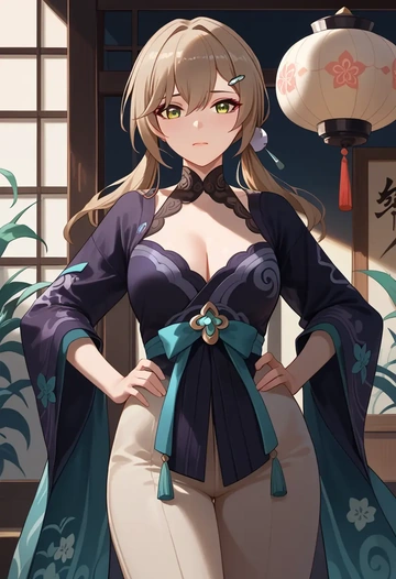 star rail,qingque,kimono,silk,wide-leg trousers  - AI generated anime art