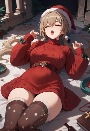 star rail,qingque,Christmas,sweater dress,stockings  - AI generated anime art