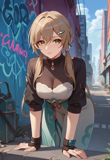 star rail,qingque,neon graffiti top,dolphin shorts  - AI generated anime art