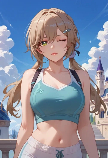 star rail,qingque,sports crop,high-waisted shorts  - AI generated anime art