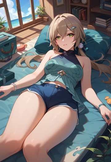 star rail,qingque,sleeveless swim top,shorts-style bottom,contrast stitching  - AI generated anime art