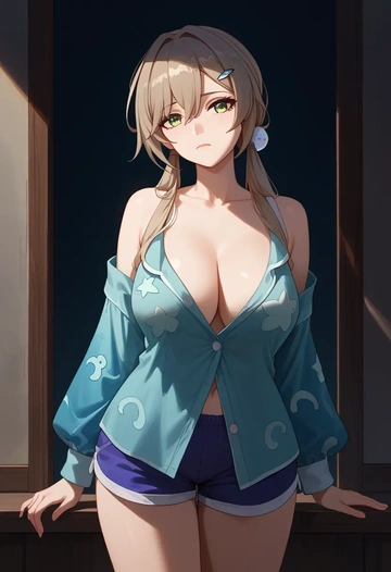 star rail,qingque,pajamas, low-waisted shorts  - AI generated anime art