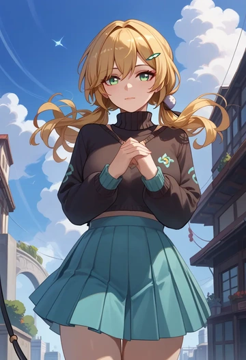 star rail,qingque,sweater,cropped,pleated midi skirt  - AI generated anime art