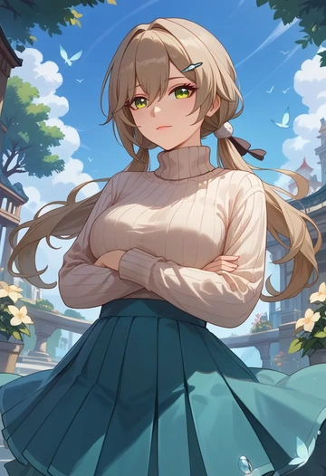 star rail,qingque,skirt,pleated,turtleneck sweater  - AI generated anime art