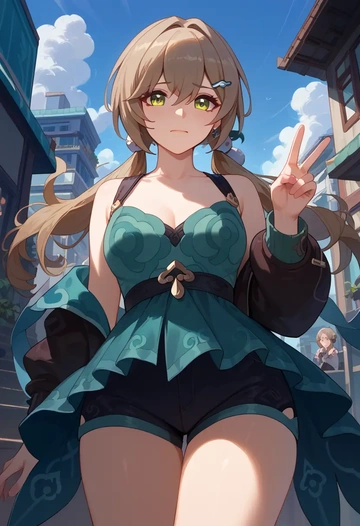 star rail,qingque,jogger shorts,oversized tank  - AI generated anime art