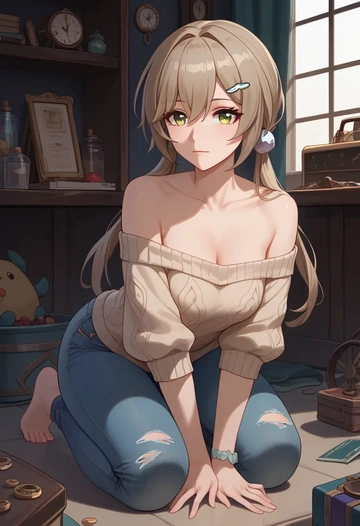 star rail,qingque,sweater,off-shoulder,ripped jeans  - AI generated anime art