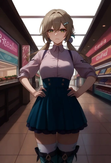 star rail,qingque,shirt dress,belted,stockings  - AI generated anime art