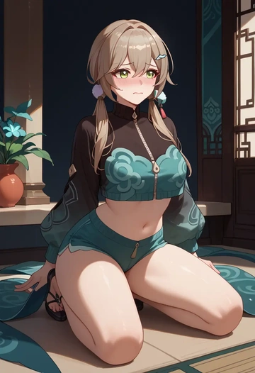 star rail,qingque,crop hoodie,shorts  - AI generated anime art