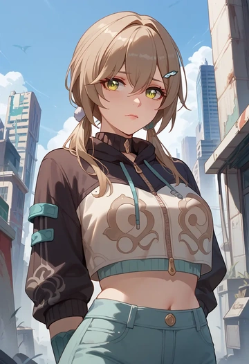 star rail,qingque,crop hoodie,shorts  - AI generated anime art