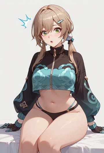 star rail,qingque,crop hoodie,shorts  - AI generated anime art