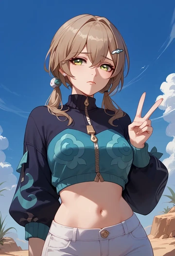 star rail,qingque,crop hoodie,shorts  - AI generated anime art