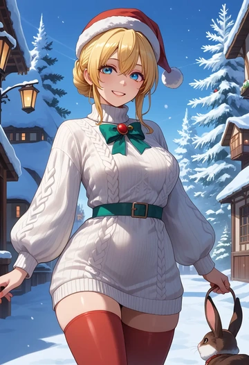 vocaloid,rabbit_yukine,Christmas,sweater dress,stockings  - AI generated anime art