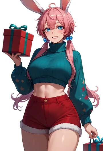 vocaloid,rabbit_yukine,Christmas,red velvet shorts,turtleneck sweater  - AI generated anime art