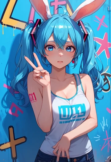 vocaloid,rabbit_yukine,abstract graffiti tank,dolphin shorts  - AI generated anime art