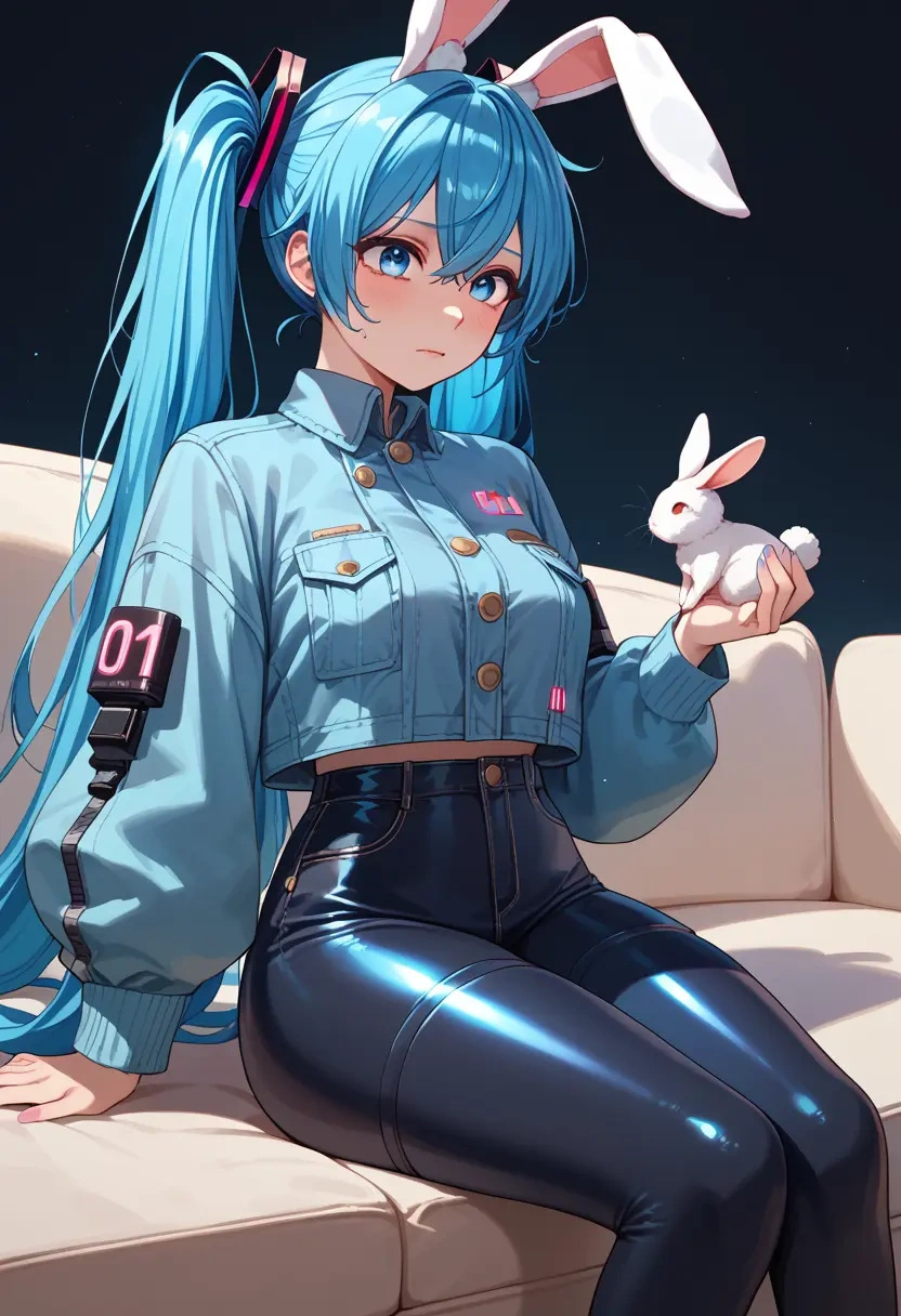 vocaloid,rabbit_yukine,denim jacket,cropped,leather leggings  - 