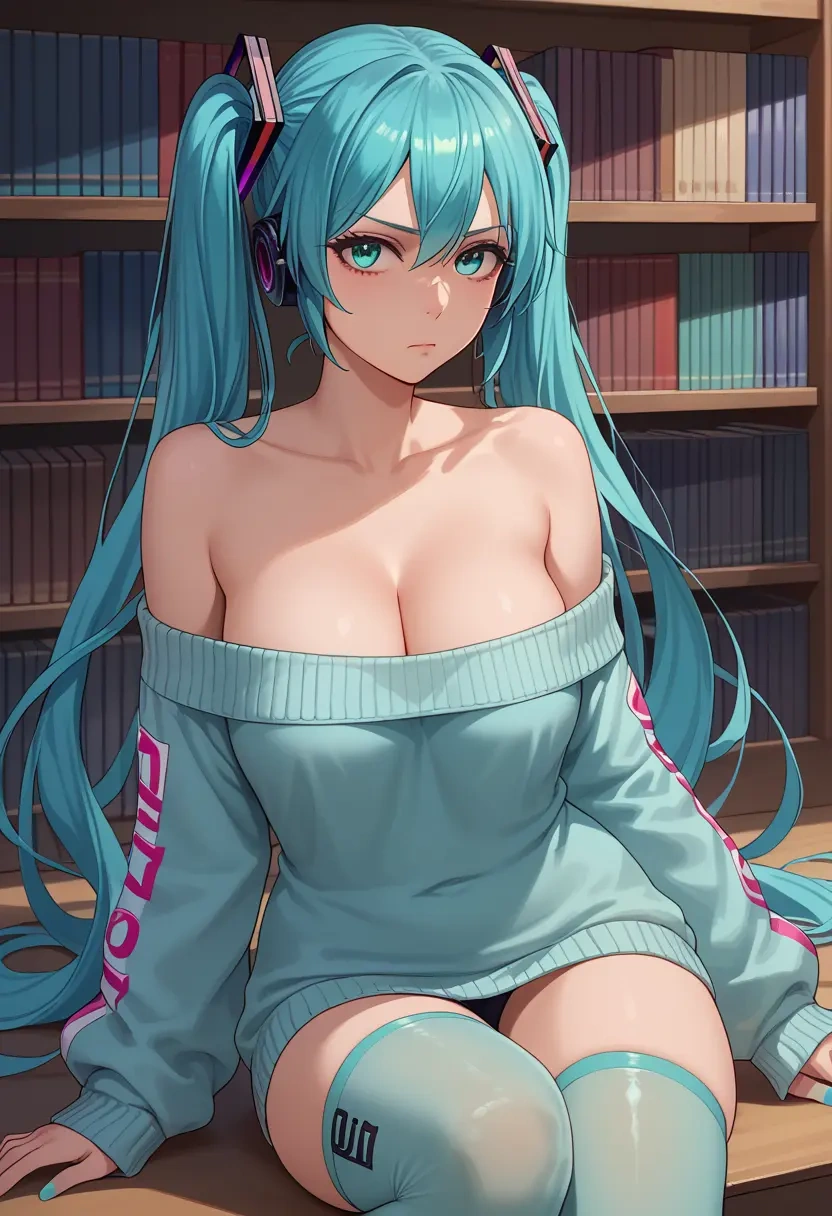 vocaloid,racing_miku,Pouting,off-shoulder,sweater,stockings  - 