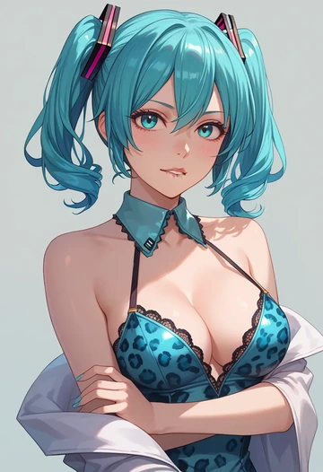 vocaloid,racing_miku,leopard print,silk slip dress  - AI generated anime art