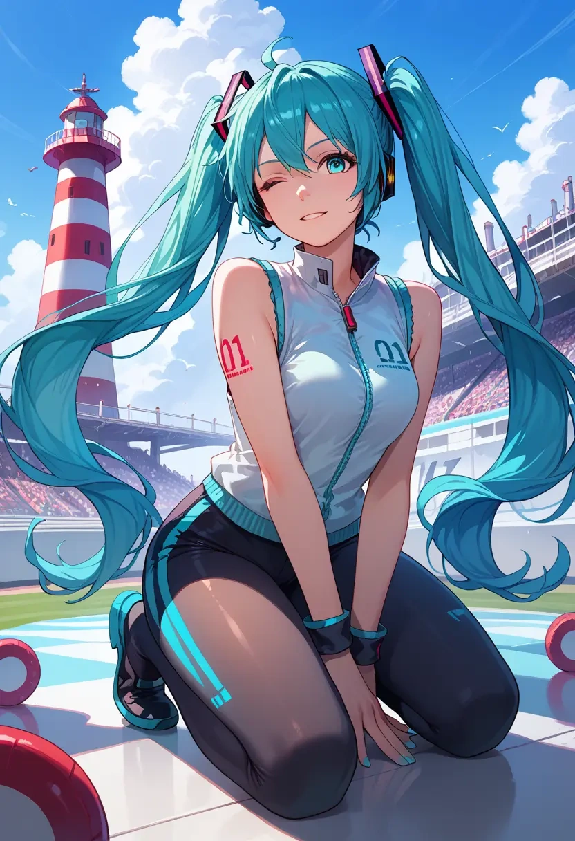 vocaloid,racing_miku,sports vest,capri leggings  - 