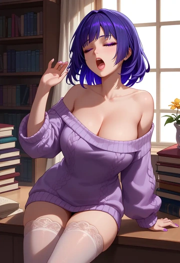 honkai_(series),raiden_mei,Yawning,off-shoulder,sweater,stockings  - AI generated anime art