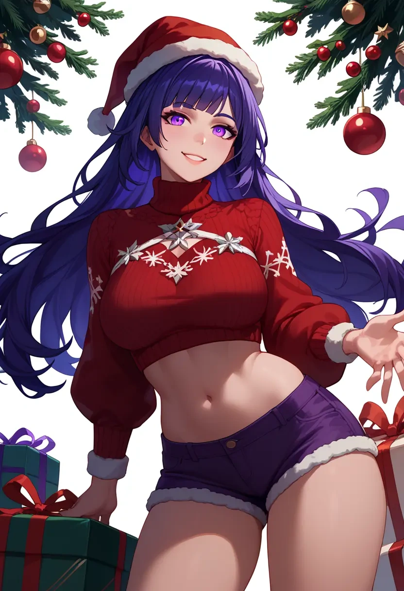 honkai_(series),raiden_mei,Christmas,red velvet shorts,turtleneck sweater  - 