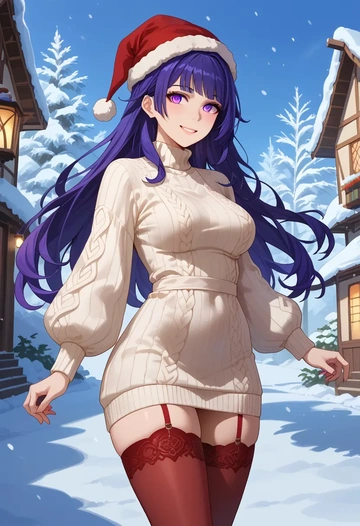 honkai_(series),raiden_mei,Christmas,sweater dress,stockings  - AI generated anime art