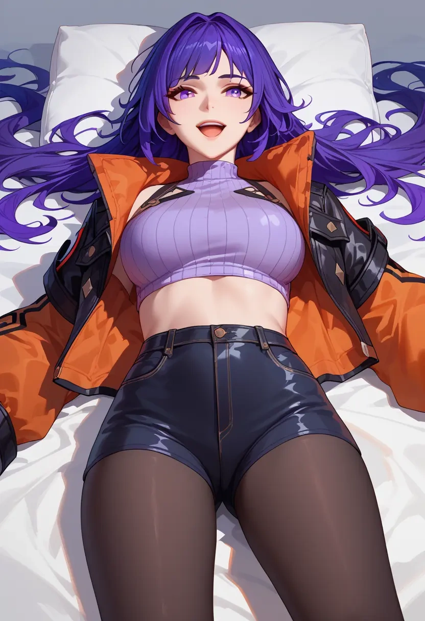 honkai_(series),raiden_mei,denim jacket,cropped,leather leggings  - 