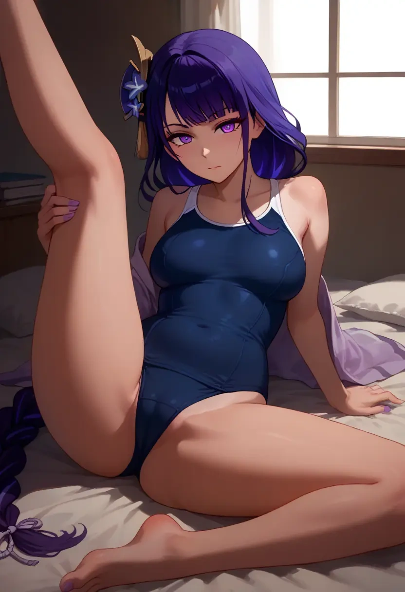 genshin impact,raiden shogun,school swimsuit,swimsuit,spread legs,sexy,one leg up  - 