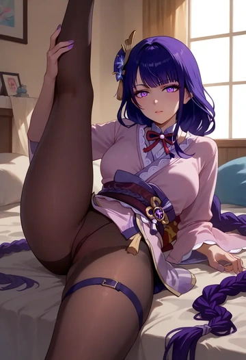 genshin impact,raiden shogun,pantyhose,stocking,spread legs,one leg up,sexy  - AI generated anime art