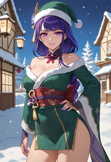 genshin impact,raiden shogun,Christmas,dress  - AI generated anime art