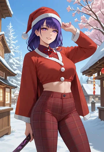 genshin impact,raiden shogun,Christmas,plaid trousers  - AI generated anime art