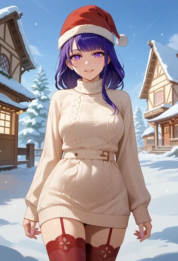 genshin impact,raiden shogun,Christmas,sweater dress,stockings  - AI generated anime art