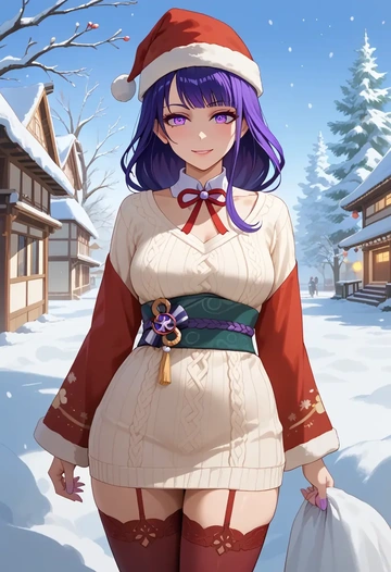 genshin impact,raiden shogun,Christmas,sweater dress,stockings  - AI generated anime art