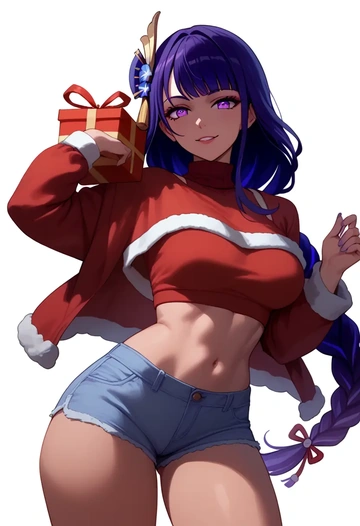 genshin impact,raiden shogun,Christmas,red velvet shorts,turtleneck sweater  - AI generated anime art