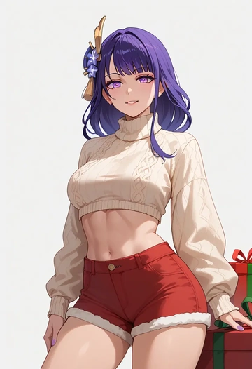 genshin impact,raiden shogun,Christmas,red velvet shorts,turtleneck sweater  - AI generated anime art