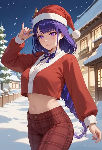 genshin impact,raiden shogun,Christmas,plaid trousers  - AI generated anime art