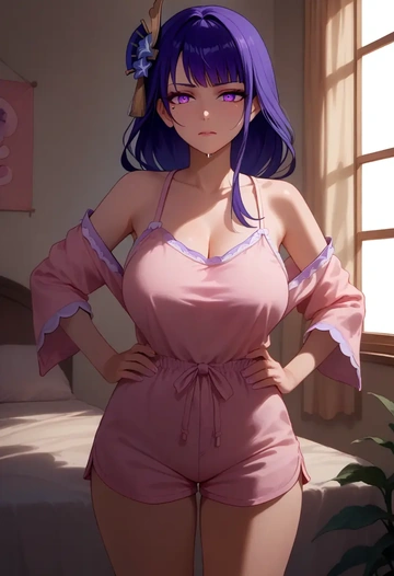 genshin impact,raiden shogun,pajamas, low-waisted shorts  - AI generated anime art