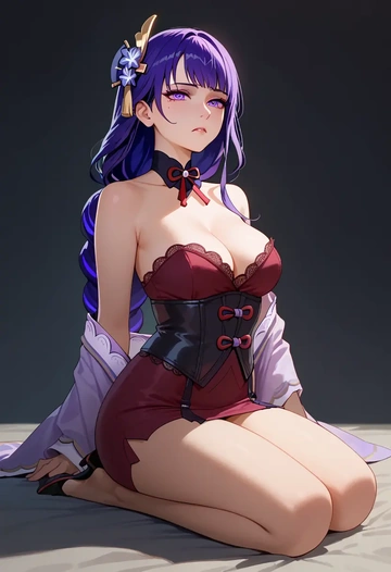 genshin impact,raiden shogun,vampire corset,lace blouse,velvet skirt  - AI generated anime art