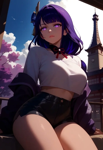 genshin impact,raiden shogun,leather,shorts,crop top  - AI generated anime art