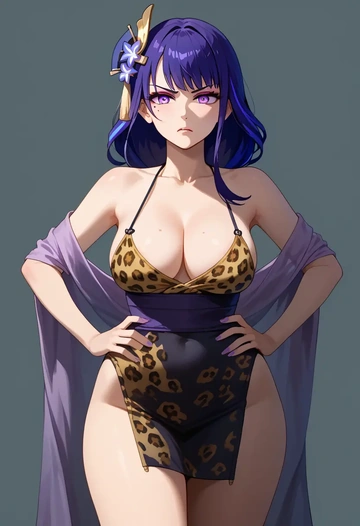 genshin impact,raiden shogun,leopard print,silk slip dress  - AI generated anime art