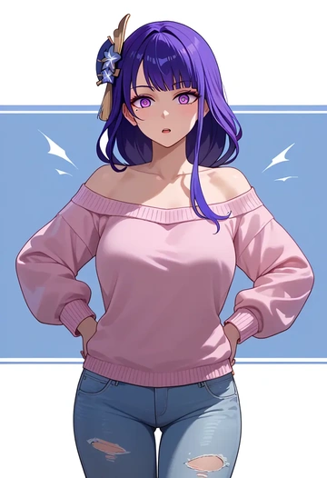 genshin impact,raiden shogun,sweater,off-shoulder,ripped jeans  - AI generated anime art