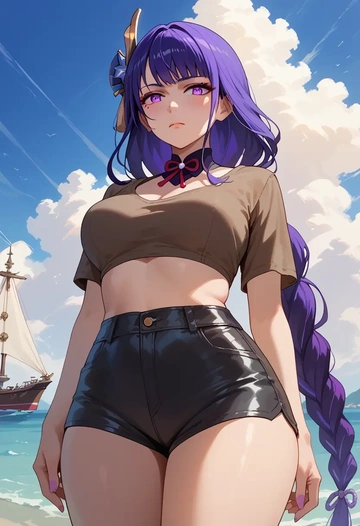 genshin impact,raiden shogun,leather,shorts,crop top  - AI generated anime art