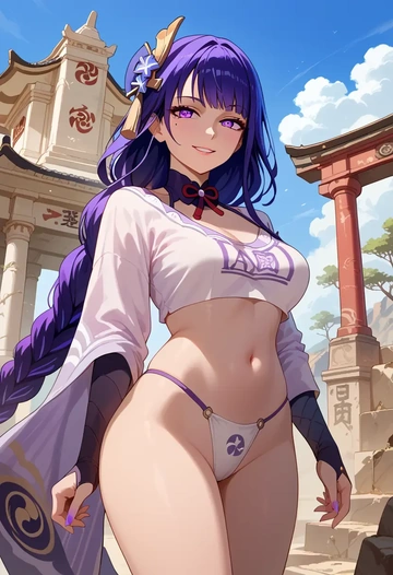 genshin impact,raiden shogun,crop top,athletic shorts  - AI generated anime art