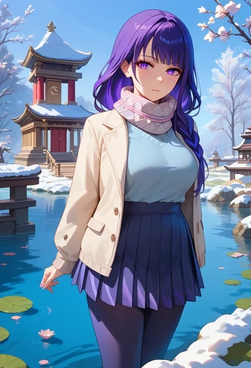 genshin impact,raiden shogun,winter,student uniform,puffer jacket  - AI generated anime art